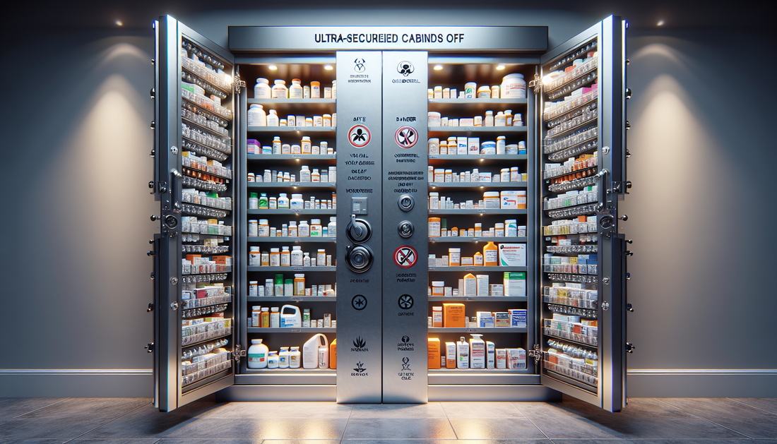 Securely locked cabinet safeguarding medicines and chemicals for childproofing a home