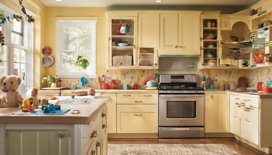 Kid-safe kitchen with visible child-proofing devices and a secure play zone